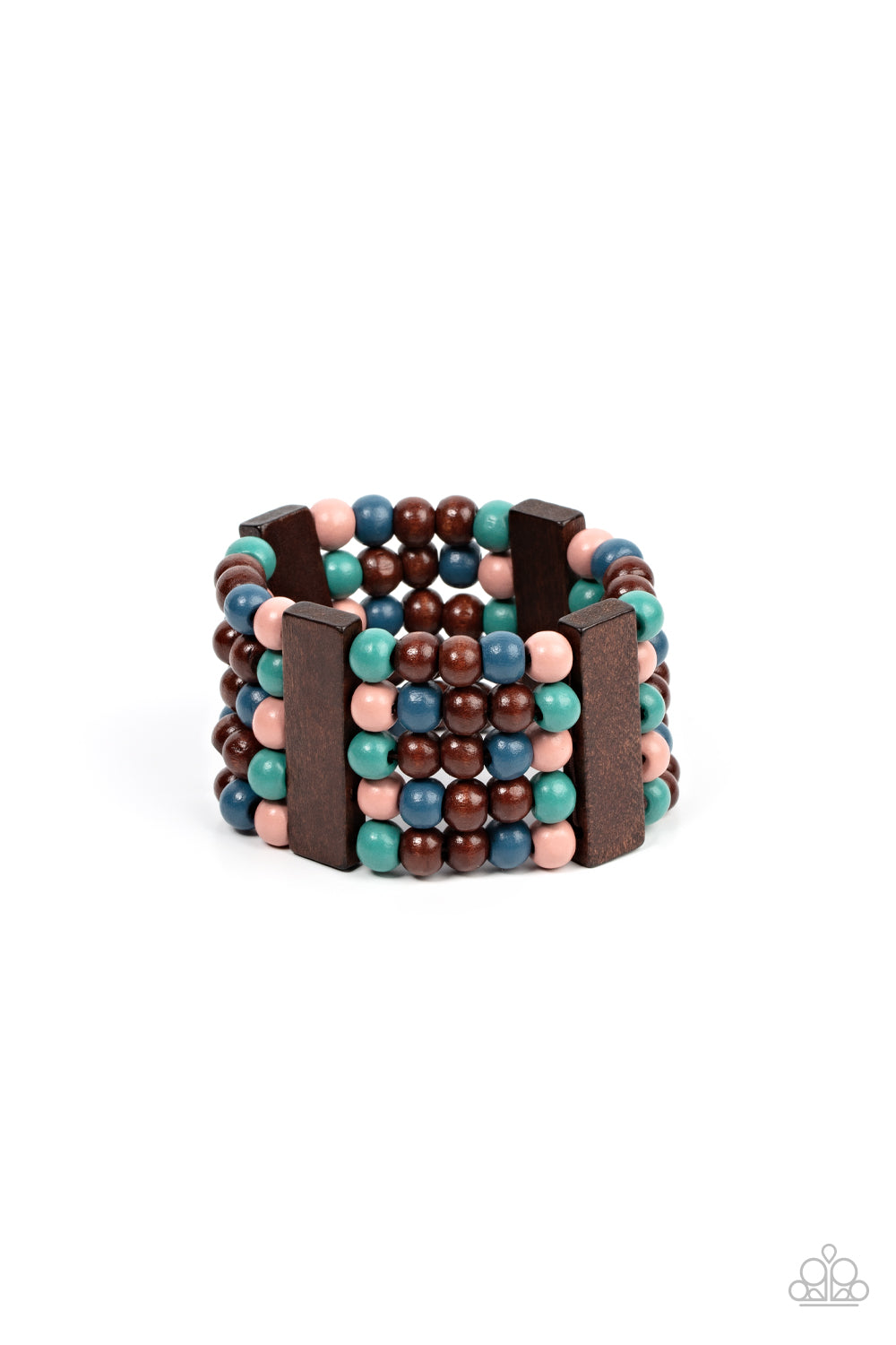 Island Soul Multi Wood Bracelet - Paparazzi Accessories  Colorful layers of blue, pink, brown, and turquoise wooden beads are threaded along stretchy bands between brown wooden bars creating stacks of subtle bliss around the wrist.  Sold as one individual bracelet.