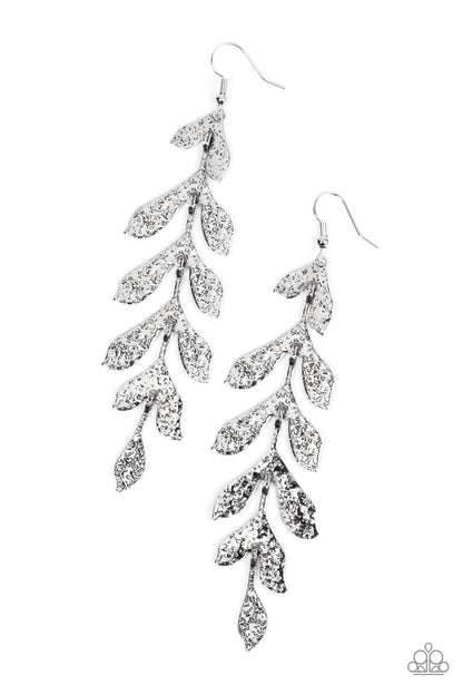 Lead From the FROND Silver Earring - Paparazzi Accessories  Hammered in a rustic finish, antiqued silver frames delicately link into a leafy lure for a seasonal inspired style. Earring attaches to a standard fishhook fitting.  Sold as one pair of earrings.