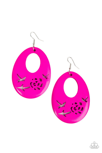 Home TWEET Home Pink Earring - Paparazzi Accessories  The bottom of a Fuchsia Fedora wooden teardrop frame features bird and floral cutouts, creating a whimsical centerpiece. Earring attaches to a standard fishhook fitting.  Sold as one pair of earrings.