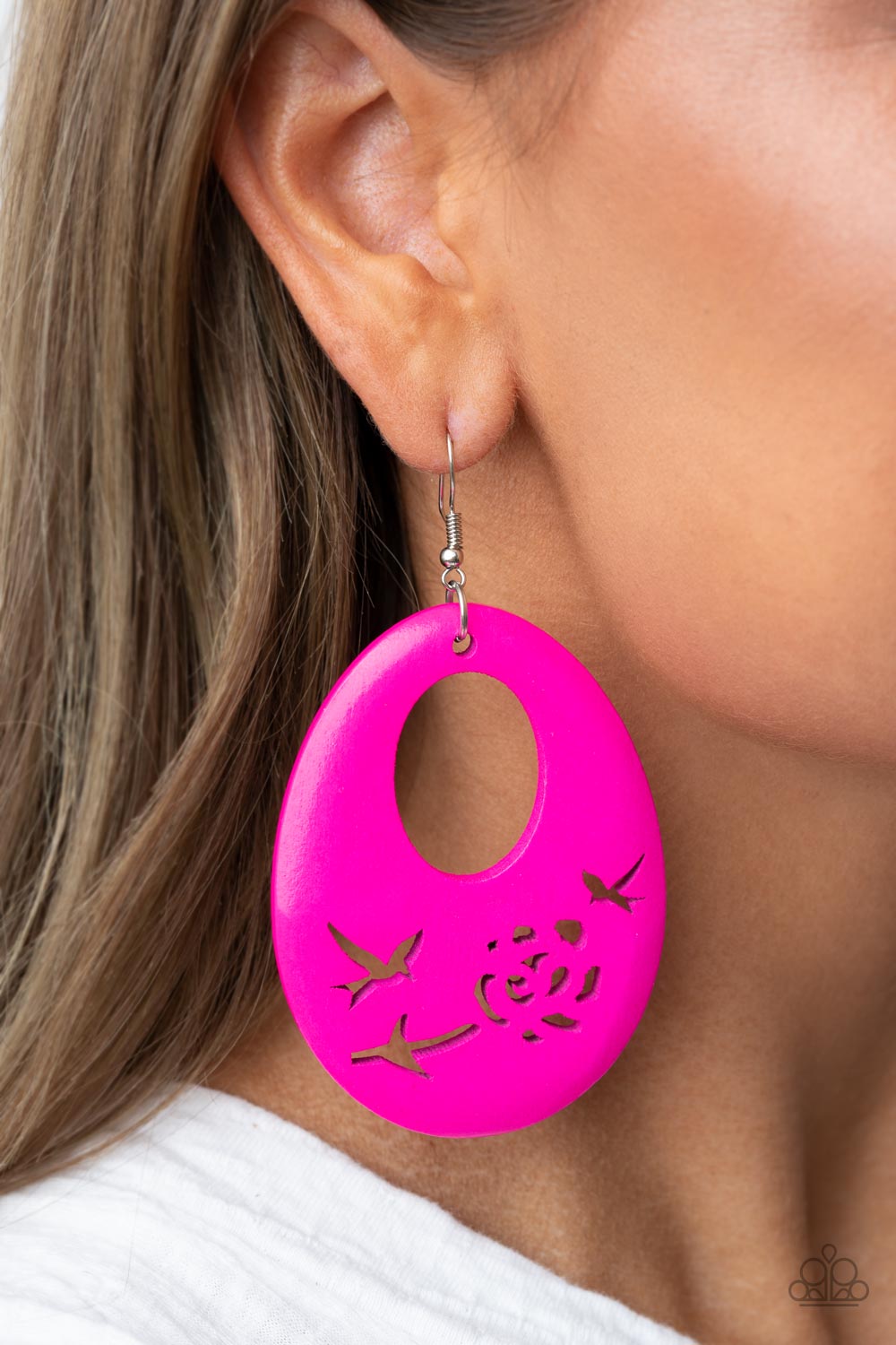 Home TWEET Home Pink Earring - Paparazzi Accessories  The bottom of a Fuchsia Fedora wooden teardrop frame features bird and floral cutouts, creating a whimsical centerpiece. Earring attaches to a standard fishhook fitting.  Sold as one pair of earrings.