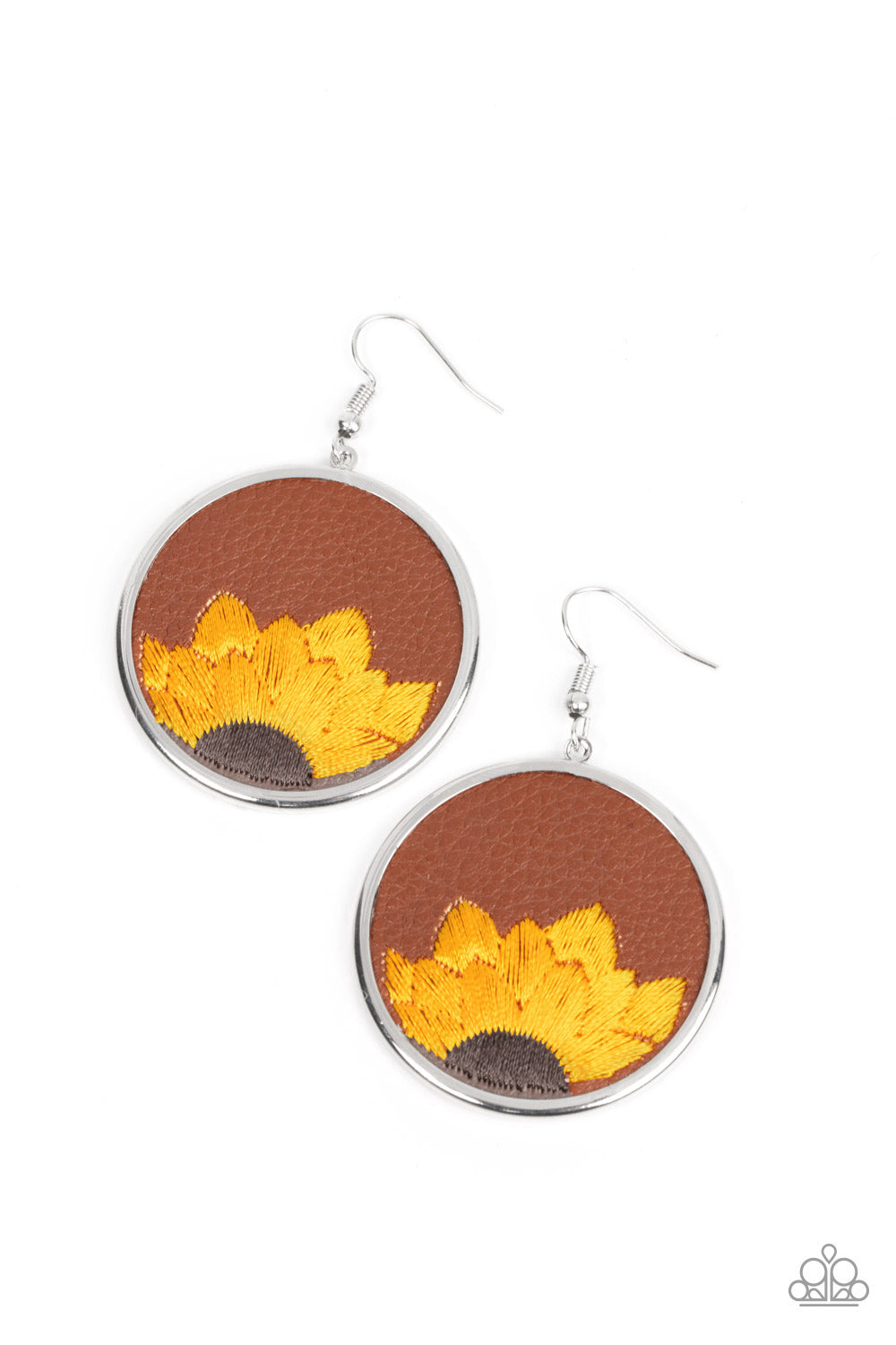 Sun-Kissed Sunflowers Brown Earring - Paparazzi Accessories  A golden yellow and brown threaded sunflower is stitched into the bottom of a brown leather frame that is encased in a sleek silver frame, resulting in a whimsical floral fashion. Earring attaches to a standard fishhook fitting.  Sold as one pair of earrings.