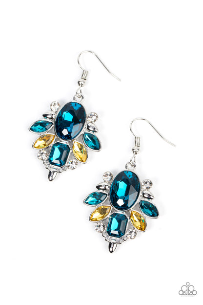 Glitzy Go-Getter Multi Earring - Paparazzi Accessories  A brilliant blue gem makes a sparkling centerpiece amidst a glitzy fringe of marquise, round, and emerald cut blue, yellow, and white rhinestones resulting in a timeless lure. Earring attaches to a standard fishhook fitting.  Sold as one pair of earrings.