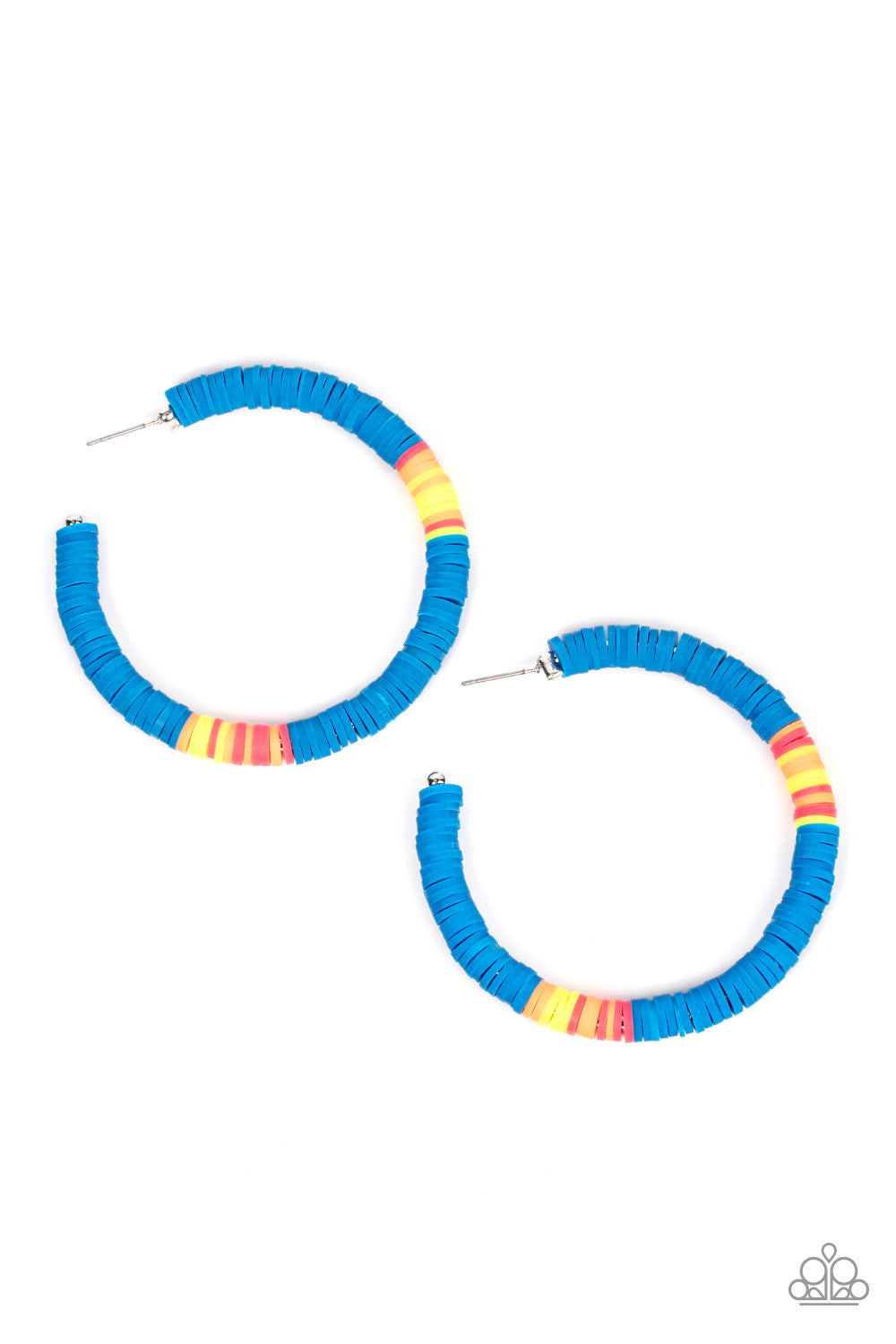 Colorfully Contagious Blue Hoop Earring - Paparazzi Accessories  Rubbery blue, pink, yellow, and orange bands are threaded along an oversized silver hoop, creating a courageous pop of color. Earring attaches to a standard post fitting. Hoop measures approximately 2 1/4" in diameter.  Sold as one pair of hoop earrings.
