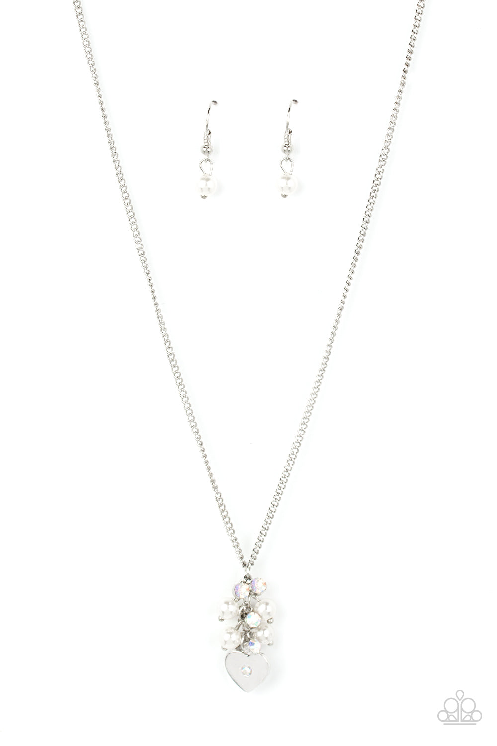 Pop It and LOCKET Multi Necklace - Paparazzi Accessories  Dotted with a dainty iridescent rhinestone, a shiny silver heart swings from the bottom of a bubbly cluster of white pearls and iridescent rhinestones, creating a locket inspired pendant below the collar. Features an adjustable clasp closure.  Sold as one individual necklace. Includes one pair of matching earrings.