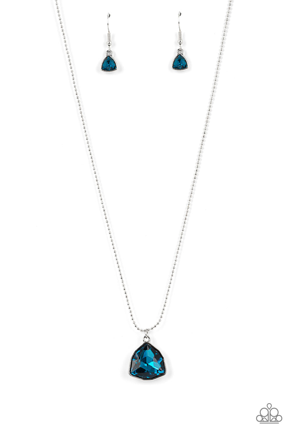 Galactic Duchess Blue Necklace - Paparazzi Accessories  A faceted asymmetrical blue gem is encased in a sleek silver frame at the bottom of a silver popcorn chain, creating a stellar pendant below the collar. Features an adjustable clasp closure.  Sold as one individual necklace. Includes one pair of matching earrings.