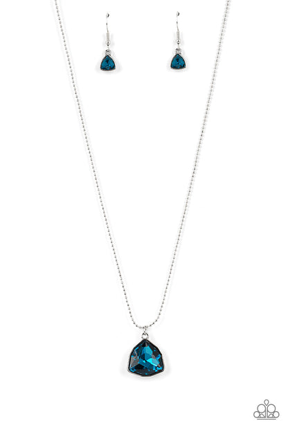 Galactic Duchess Blue Necklace - Paparazzi Accessories  A faceted asymmetrical blue gem is encased in a sleek silver frame at the bottom of a silver popcorn chain, creating a stellar pendant below the collar. Features an adjustable clasp closure.  Sold as one individual necklace. Includes one pair of matching earrings.