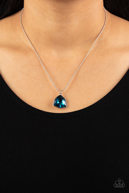 Galactic Duchess Blue Necklace - Paparazzi Accessories  A faceted asymmetrical blue gem is encased in a sleek silver frame at the bottom of a silver popcorn chain, creating a stellar pendant below the collar. Features an adjustable clasp closure.  Sold as one individual necklace. Includes one pair of matching earrings.