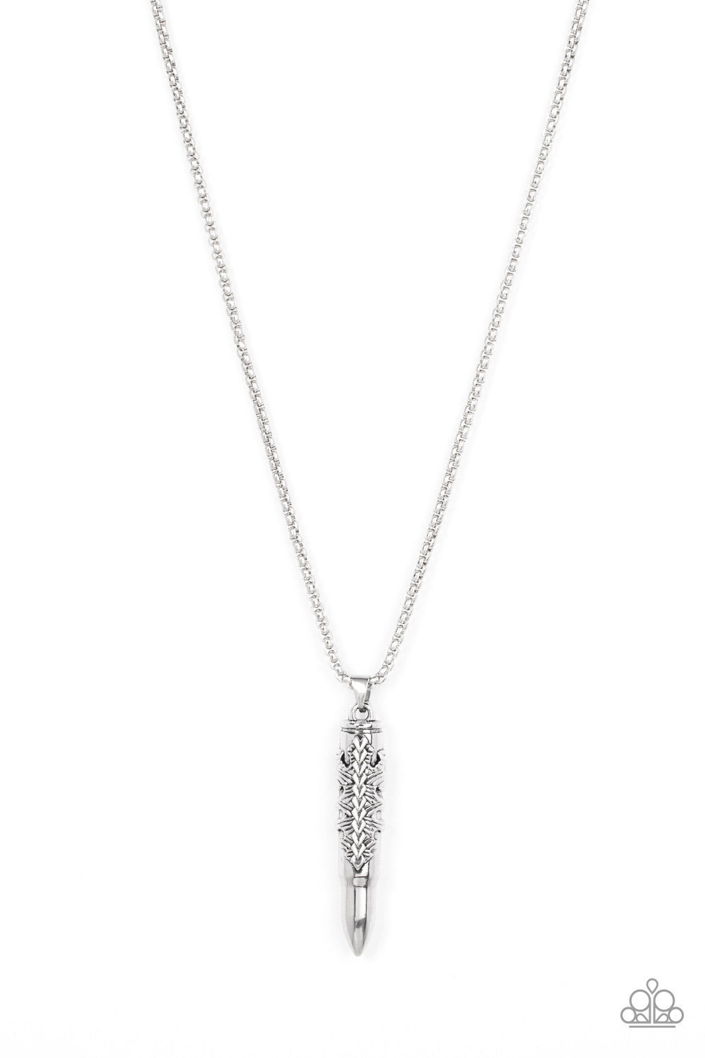 Mysterious Marksman Silver Urban Necklace - Paparazzi Accessories  Wrapped in a tribal inspired motif, an antiqued silver bullet-like pendant swings from the bottom of a rounded strand of silver box chain for a rustic look. Features an adjustable clasp closure.  Sold as one individual necklace.