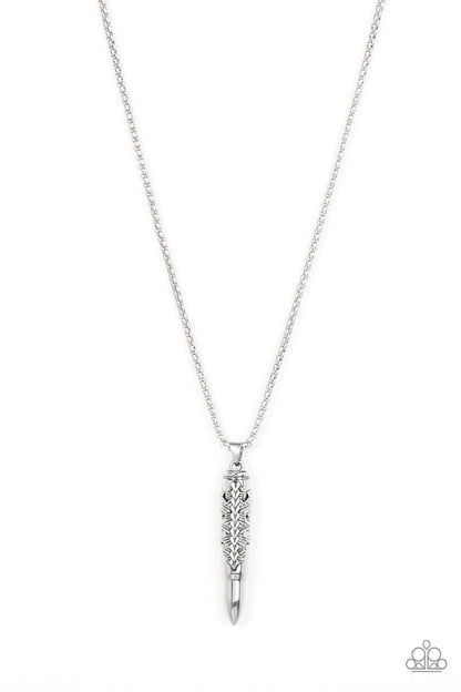 Mysterious Marksman Silver Urban Necklace - Paparazzi Accessories  Wrapped in a tribal inspired motif, an antiqued silver bullet-like pendant swings from the bottom of a rounded strand of silver box chain for a rustic look. Features an adjustable clasp closure.  Sold as one individual necklace.