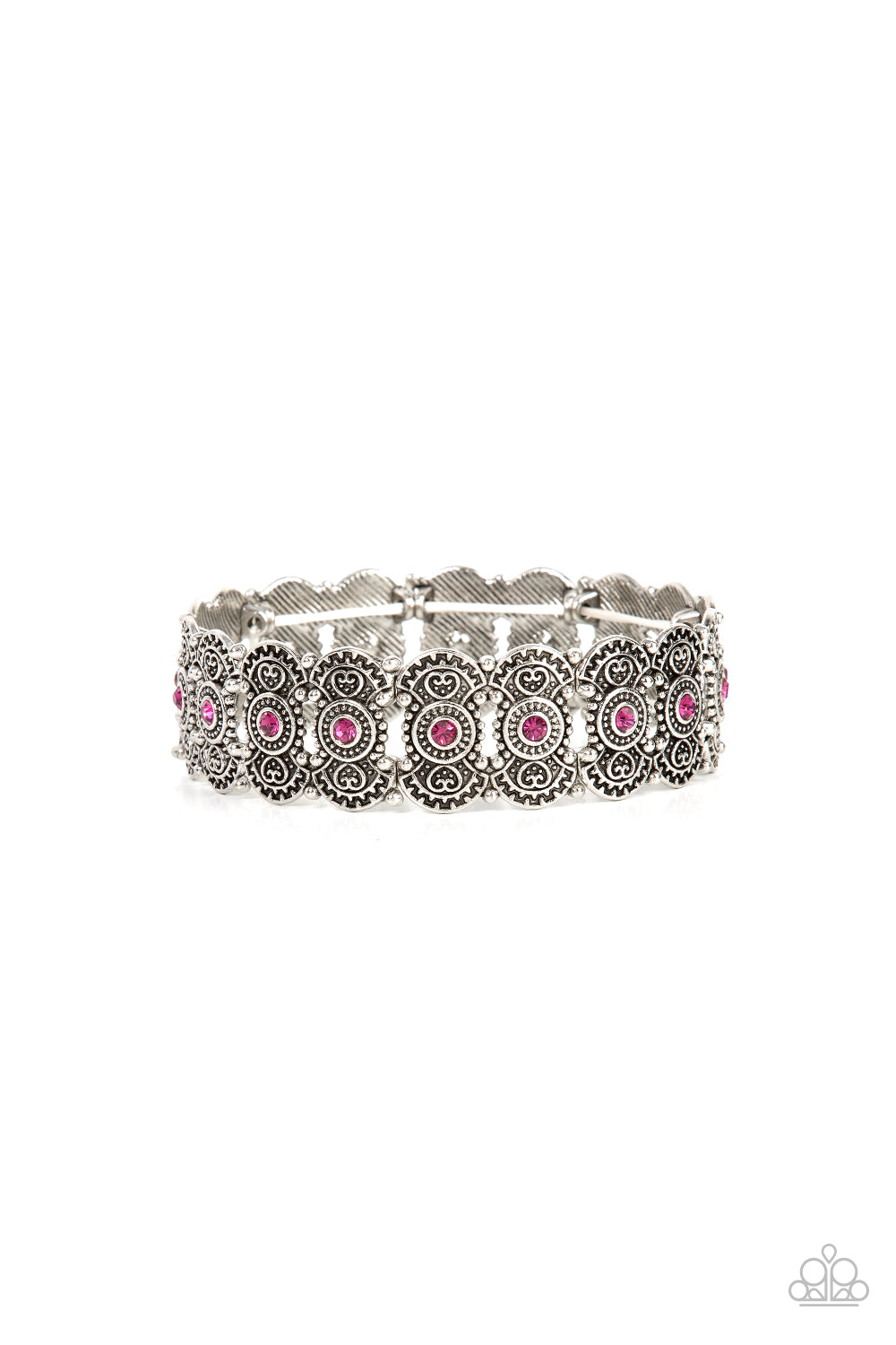 Rapturous Romance Pink Bracelet - Paparazzi Accessories  Dotted with sparkly pink rhinestones, pairs of studded and heart embossed patterned silver frames are threaded along stretchy bands around the wrist for a romantic fashion.  Sold as one individual bracelet.