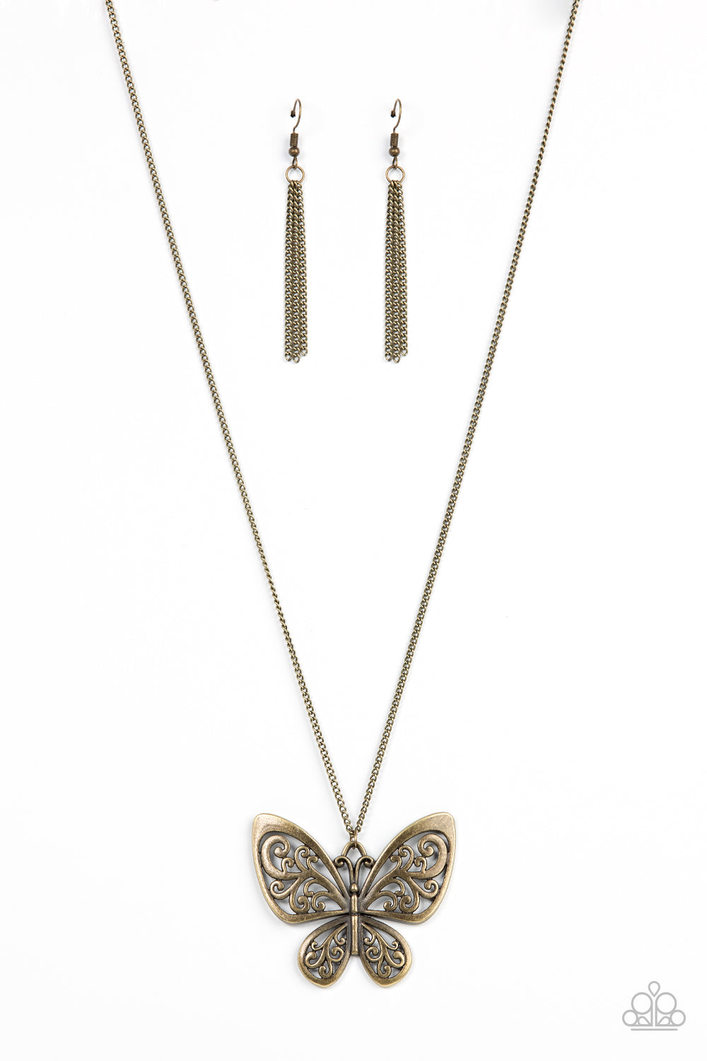 Butterfly Boutique Brass Necklace - Paparazzi Accessories  Filled with frilly filigree details, a rustic brass butterfly flutters from the bottom of an extended brass chain for a whimsical fashion. Features an adjustable clasp closure.  Sold as one individual necklace. Includes one pair of matching earrings.