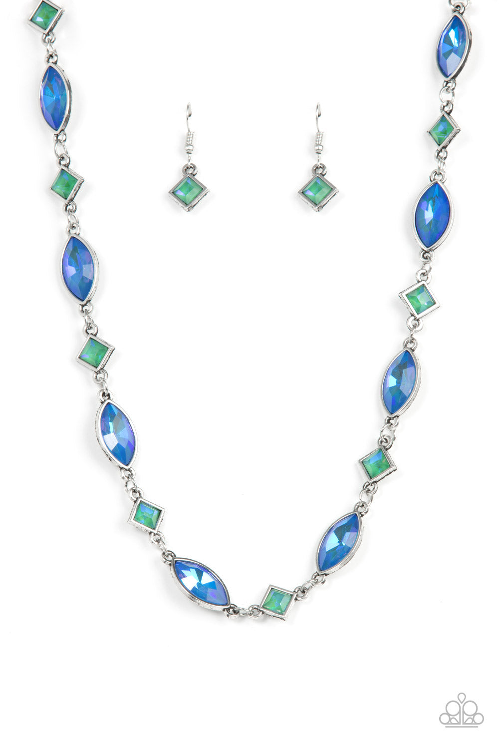 Prismatic Reinforcements Multi Necklace - Paparazzi Accessories  Encased in sleek silver fittings, an opalescent collection of blue marquise and green square cut rhinestones delicately links below the collar for a prismatic pop of color. Features an adjustable clasp closure.  Sold as one individual necklace. Includes one pair of matching earrings.