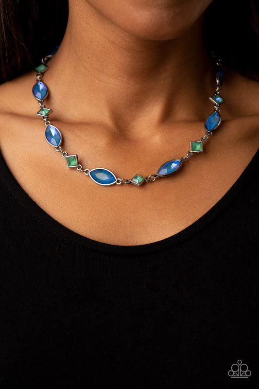 Prismatic Reinforcements Multi Necklace - Paparazzi Accessories  Encased in sleek silver fittings, an opalescent collection of blue marquise and green square cut rhinestones delicately links below the collar for a prismatic pop of color. Features an adjustable clasp closure.  Sold as one individual necklace. Includes one pair of matching earrings.
