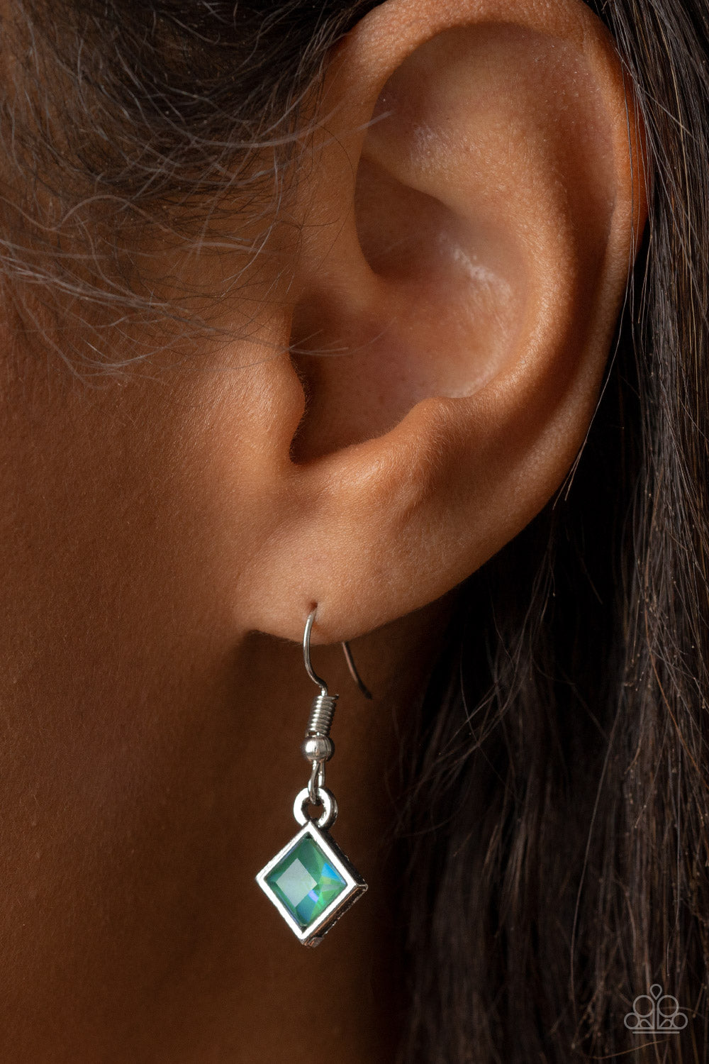 Prismatic Reinforcements Multi Necklace - Paparazzi Accessories  Encased in sleek silver fittings, an opalescent collection of blue marquise and green square cut rhinestones delicately links below the collar for a prismatic pop of color. Features an adjustable clasp closure.  Sold as one individual necklace. Includes one pair of matching earrings.