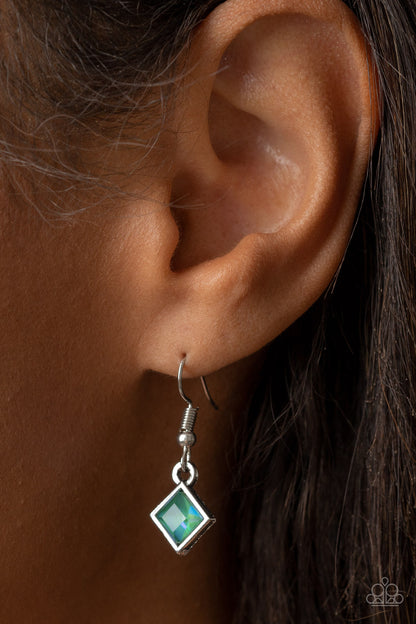 Prismatic Reinforcements Multi Necklace - Paparazzi Accessories  Encased in sleek silver fittings, an opalescent collection of blue marquise and green square cut rhinestones delicately links below the collar for a prismatic pop of color. Features an adjustable clasp closure.  Sold as one individual necklace. Includes one pair of matching earrings.