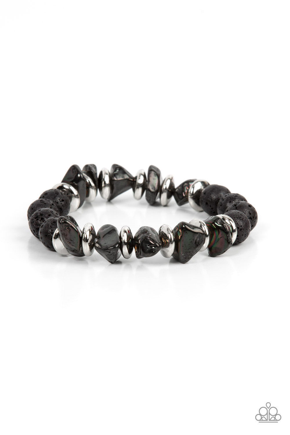 Volcanic Vacay Silver Bracelet - Paparazzi Accessories  An earthy collection of black lava rock beads, dainty silver discs, and black oil spill metallic pebbles are threaded along a stretchy band around the wrist, resulting in an edgy look. Due to its prismatic palette, color may vary.  Sold as one individual bracelet.