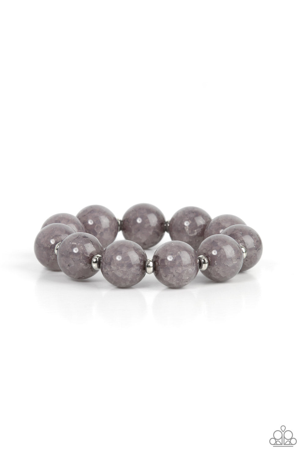 Arctic Affluence Silver Bracelet - Paparazzi Accessories  Infused with dainty silver accents, an oversized collection of crackly gray glass-like beads are threaded along stretchy bands around the wrist for an icy look.  Sold as one individual bracelet.
