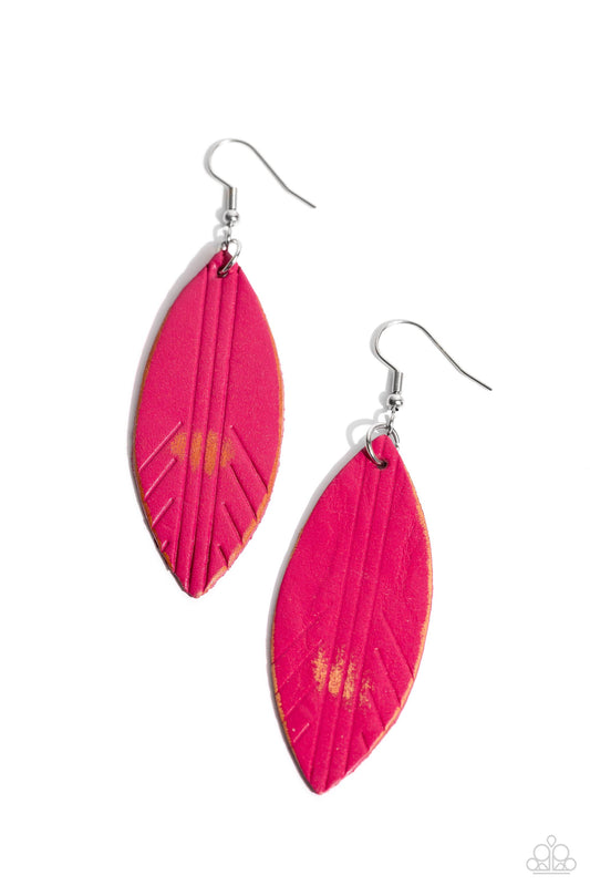 Leather Lounge Pink Leather Earring - Paparazzi Accessories  A distressed pink leather frame is stamped in geometric linear patterns, resulting in a rustic lure. Earring attaches to a standard fishhook fitting.  Sold as one pair of earrings.  P5SE-PKXX-118XX
