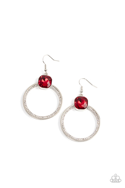 Cheers to Happily Ever After Red Earring - Paparazzi Accessories  An oversized red gem sits atop a silver hoop with an inner ring encrusted in glitzy white rhinestones, resulting in a timeless twinkle. Earring attaches to a standard fishhook fitting.  Sold as one pair of earrings.