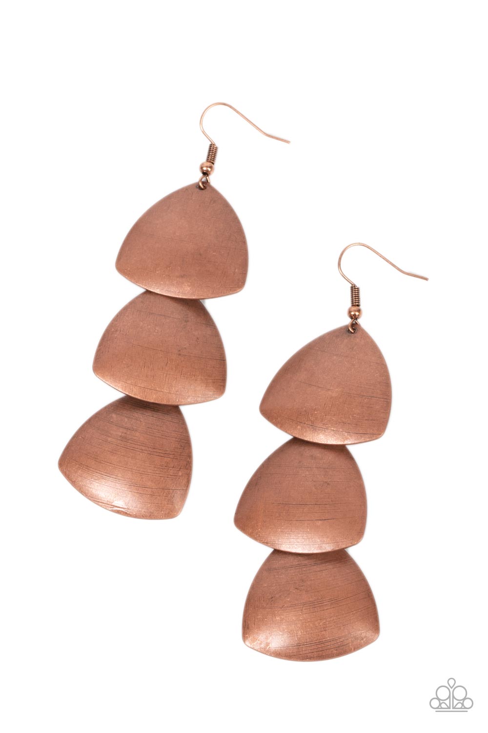Modishly Metallic Copper Earring - Paparazzi Accessories  Delicately scratched in rustic shimmer, oversized copper triangular plates delicately overlap as they link into a bold metallic lure. Earring attaches to a standard fishhook fitting.  Sold as one pair of earrings.