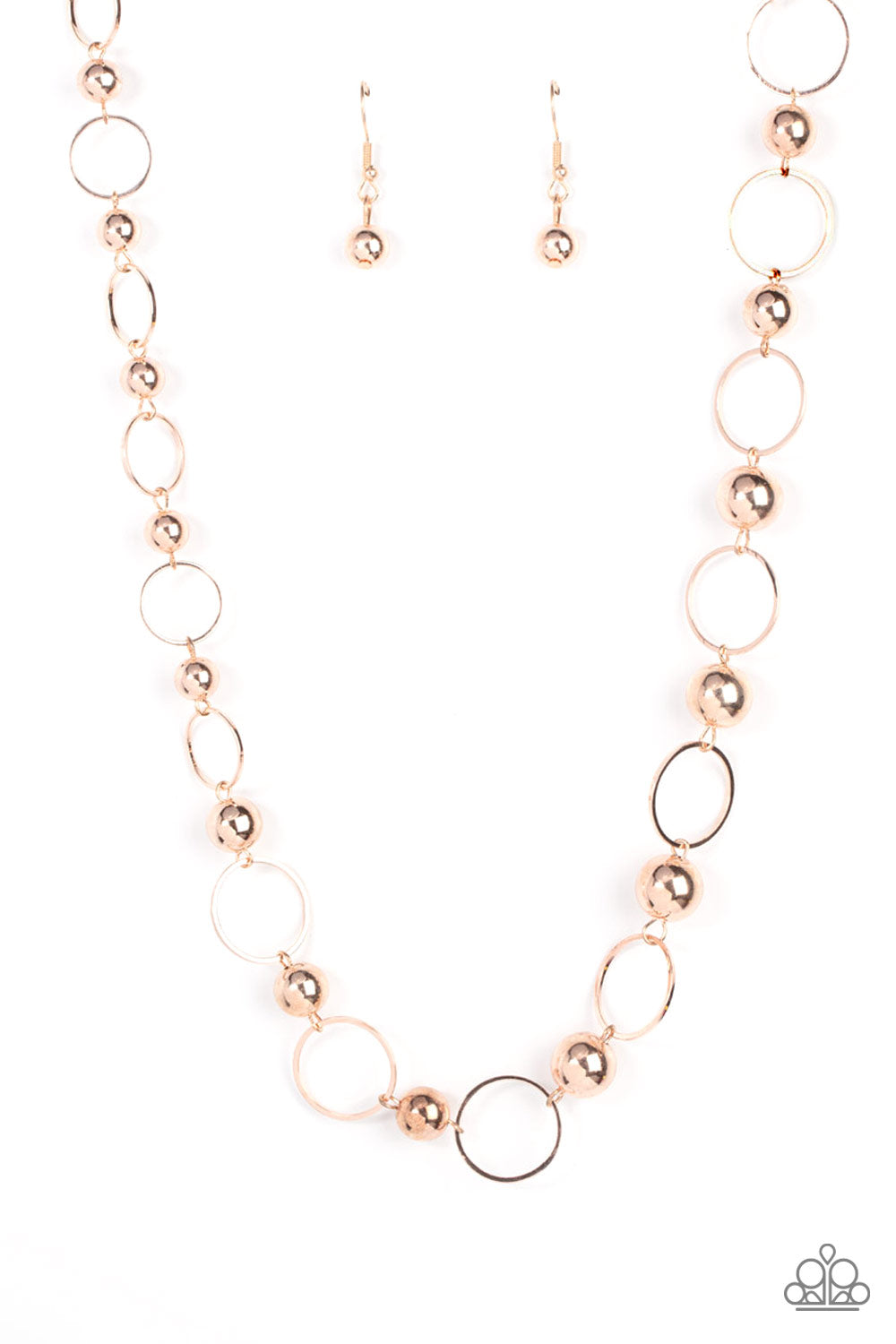 Metro Milestone Rose Gold Necklace - Paparazzi Accessories  Gradually increasing in size, a glistening collection of rose gold beads and rose gold hoops alternate across the chest for a classic metallic fashion. Features an adjustable clasp closure.  Sold as one individual necklace. Includes one pair of matching earrings.