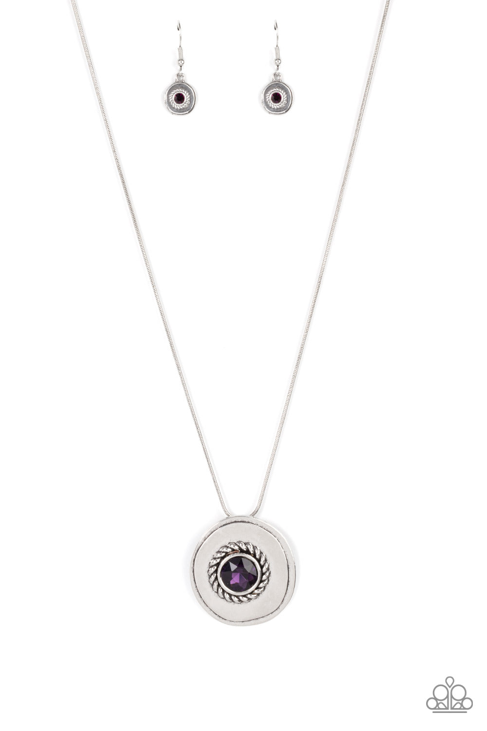 Make Me a MEDALLION-aire - Purple Item #P2RE-PRXX-261XX An oversized purple rhinestone adorns the textured center of an asymmetrical silver disc, creating an edgy medallion at the bottom of a rounded silver snake chain below the collar. Features an adjustable clasp closure.  Sold as one individual necklace. Includes one pair of matching earrings.