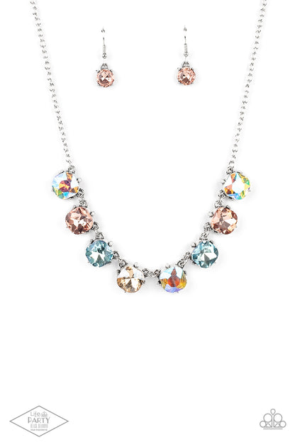 Dreamy Decorum Multi Necklace - Paparazzi Accessories  A pretty pastel palette of multicolored rhinestones, set in classic silver pronged fittings, creates sparkle and shine as they dance below the collar. Features an adjustable clasp closure.  Sold as one individual necklace. Includes one pair of matching earrings.