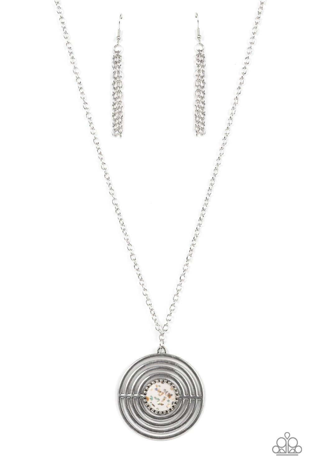 Targeted Tranquility - White Item #P2SE-WTXX-275XX Flecked in iridescent shell-like accents, a studded white frame adorns the center of an oversized silver pendant rippling with concentric circles at the bottom of an extended silver chain for a dizzying pop of color. Features an adjustable clasp closure.  Sold as one individual necklace. Includes one pair of matching earrings.