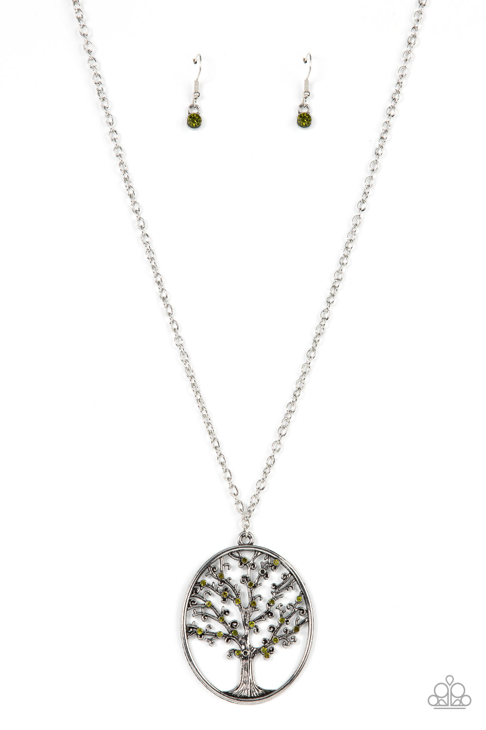 Autumn Abundance Green Necklace - Paparazzi Accessories  Dainty green rhinestones are sprinkled across the top of a silver tree beautifully branching inside an oval silver frame, resulting in a seasonal pendant at the bottom of an extended silver chain. Features an adjustable clasp closure.  Sold as one individual necklace. Includes one pair of matching earrings.