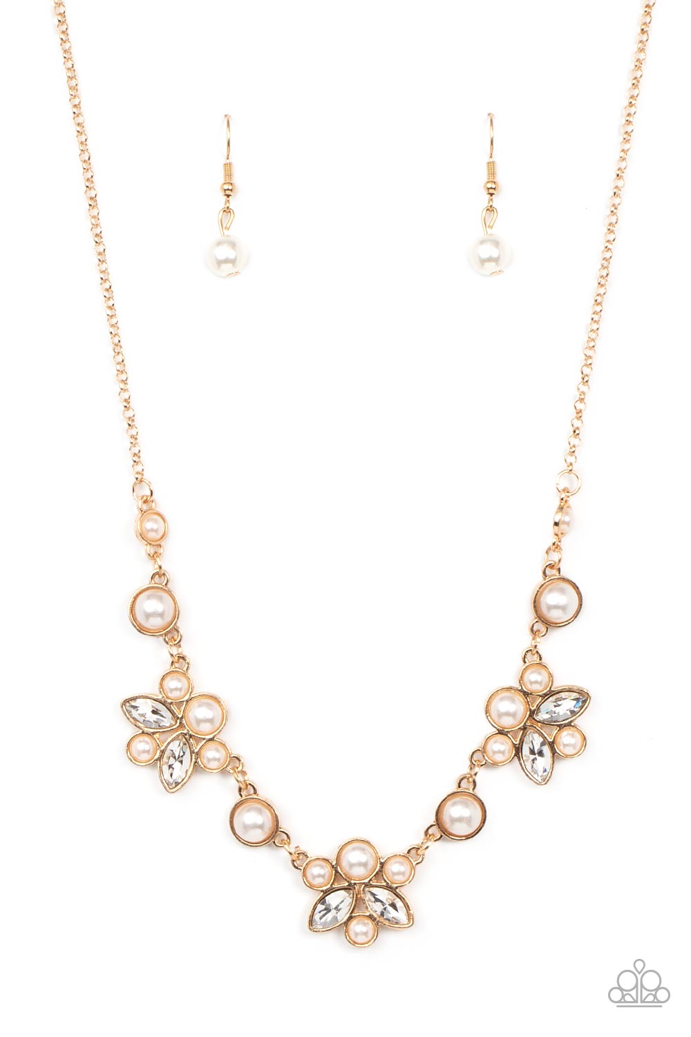 Royally Ever After Gold Necklace - Paparazzi Accessories  Infused with solitaire pearls, dainty clusters of bubbly white pearls and glassy white marquise style rhinestones delicately gather into clustered frames below the collar for an elegantly timeless finish. Features an adjustable clasp closure.  Sold as one individual necklace. Includes one pair of matching earrings.