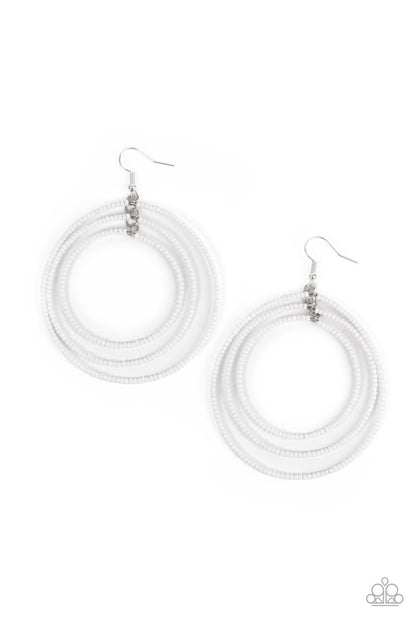 Colorfully Circulating White Earring - Paparazzi Accessories  Three oversized rings of dainty white seed beads ripple into colorfully layered hoops, resulting in a dizzying display. Earring attaches to a standard fishhook fitting.  Sold as one pair of earrings.