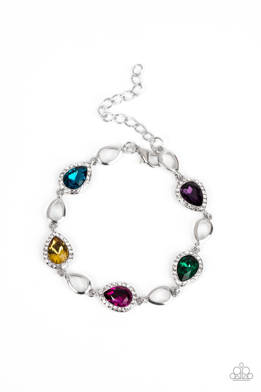 Timelessly Teary Multi Bracelet - Paparazzi Accessories  Bordered in glassy white rhinestones, glittery multicolored teardrop gems link with airy silver teardrop frames around the wrist for a timeless twinkle. Features an adjustable clasp closure.  Sold as one individual bracelet.