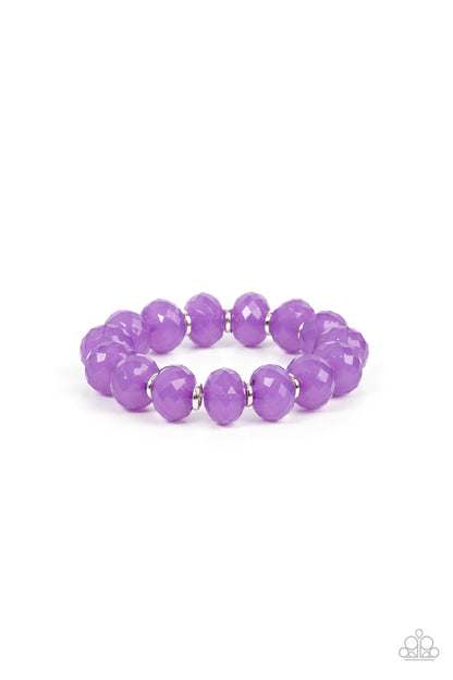 This is My Jam! Purple Bracelet - Paparazzi Accessories  Dainty silver rings and oversized faceted opaque purple crystal-like beads alternate along a stretchy band around the wrist, creating a mystical pop of color.  Sold as one individual bracelet.
