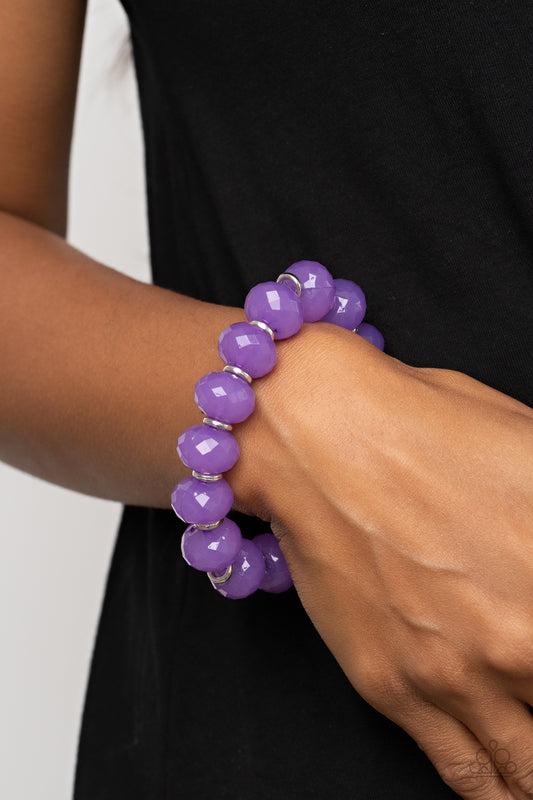 This is My Jam! Purple Bracelet - Paparazzi Accessories  Dainty silver rings and oversized faceted opaque purple crystal-like beads alternate along a stretchy band around the wrist, creating a mystical pop of color.  Sold as one individual bracelet.
