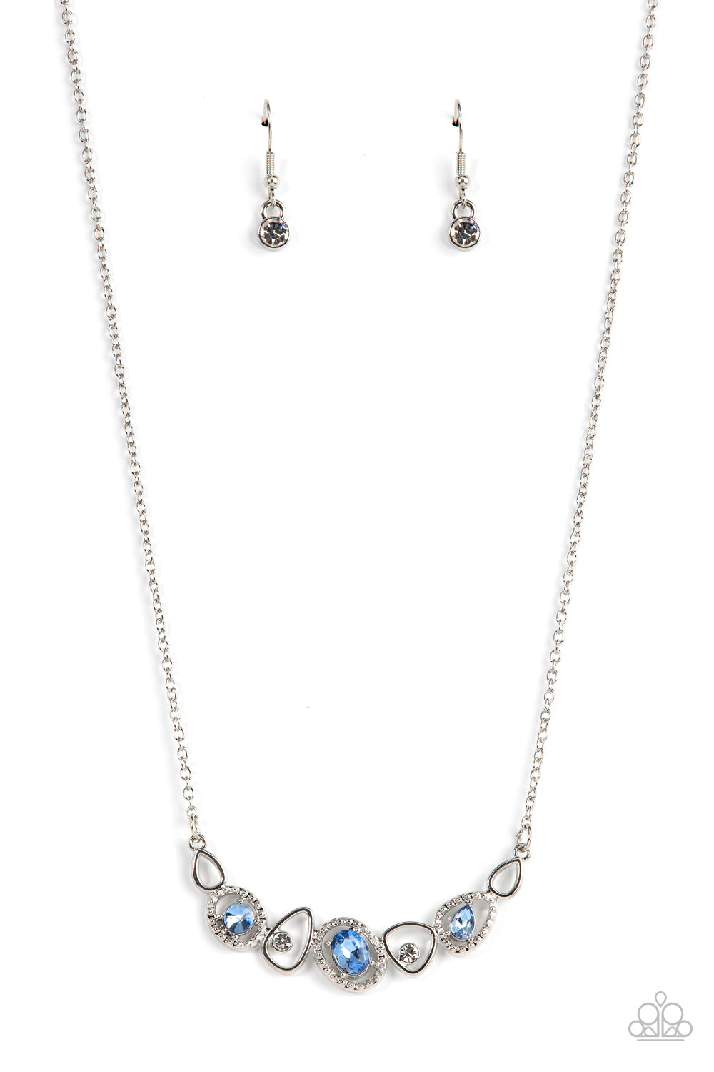 Celestial Cadence Blue Necklace - Paparazzi Accessories  An incandescent assortment of shiny silver frames, dainty white rhinestones, and oversized blue gems delicately coalesce into a statement-making sparkle below the collar. Features an adjustable clasp closure.  Sold as one individual necklace. Includes one pair of matching earrings.