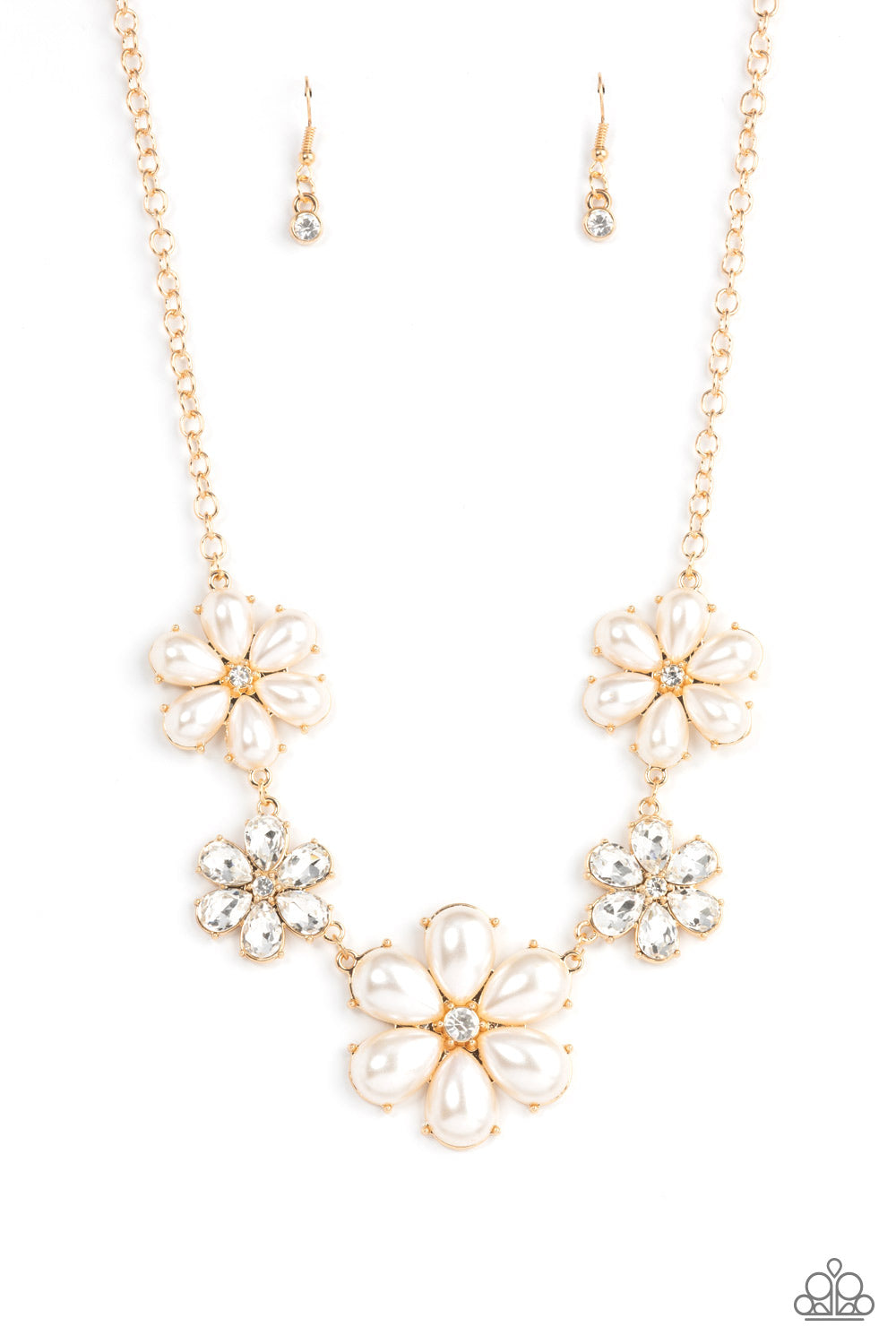 Fiercely Flowering Gold Necklace - Paparazzi Accessories  Featuring glassy white rhinestone centers, bubbly pearl petaled gold flowers gradually increase in size as they alternate with white rhinestone petaled flowers below the collar for a fierce floral fashion. Features an adjustable clasp closure.  Sold as one individual necklace. Includes one pair of matching earrings.