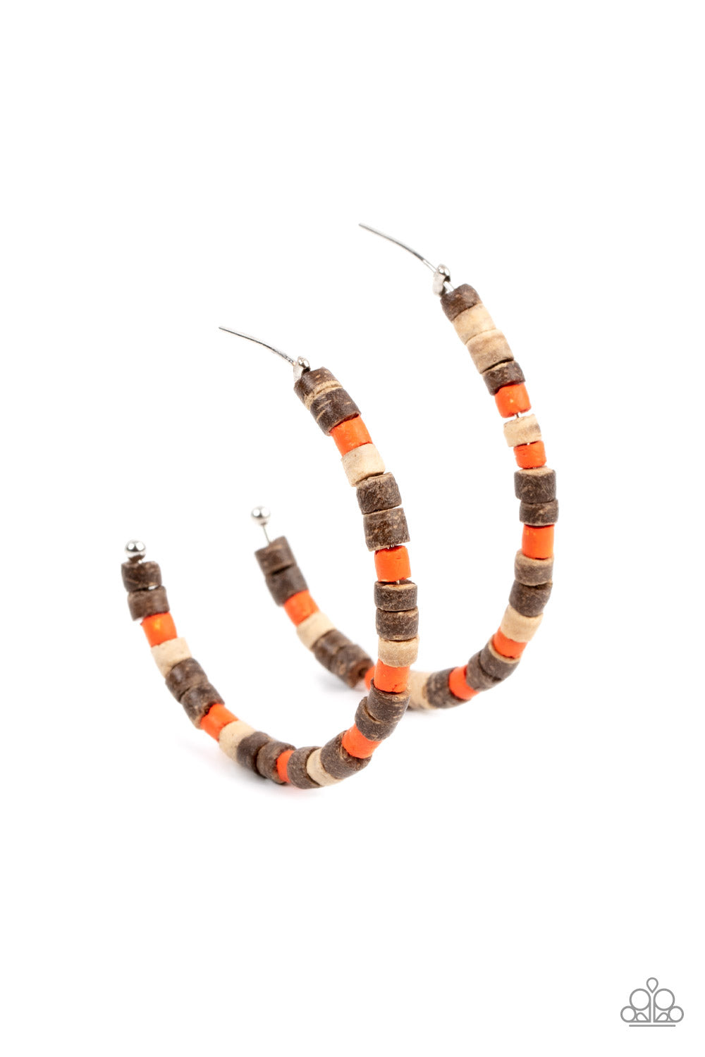 Effortlessly Earthy Orange Hoop Earring - Paparazzi Accessories  An earthy assortment of orange and rustic wood beads are threaded along a classic silver hoop, resulting in an earthy centerpiece. Earring attaches to a standard post fitting. Hoop measures approximately 2" in diameter.  Sold as one pair of hoop earrings.