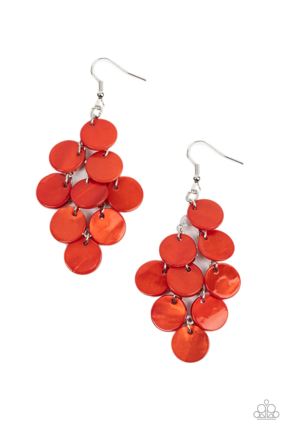 Tropical Tryst Burnt Orange Earring - Paparazzi Accessories  Tiers of Burnt Orange shell-like discs cascade from a silver netted backdrop, resulting in a summery shimmer. Earring attaches to a standard fishhook fitting.  Sold as one pair of earrings.