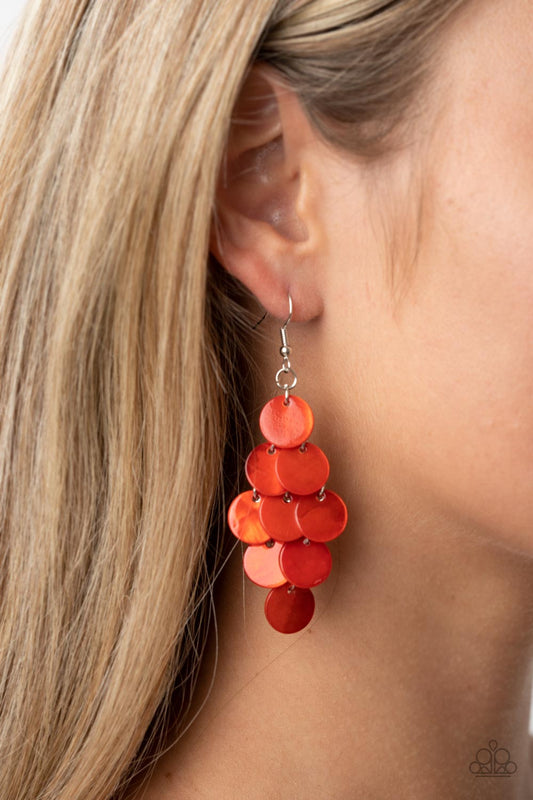 Tropical Tryst Burnt Orange Earring - Paparazzi Accessories  Tiers of Burnt Orange shell-like discs cascade from a silver netted backdrop, resulting in a summery shimmer. Earring attaches to a standard fishhook fitting.  Sold as one pair of earrings.