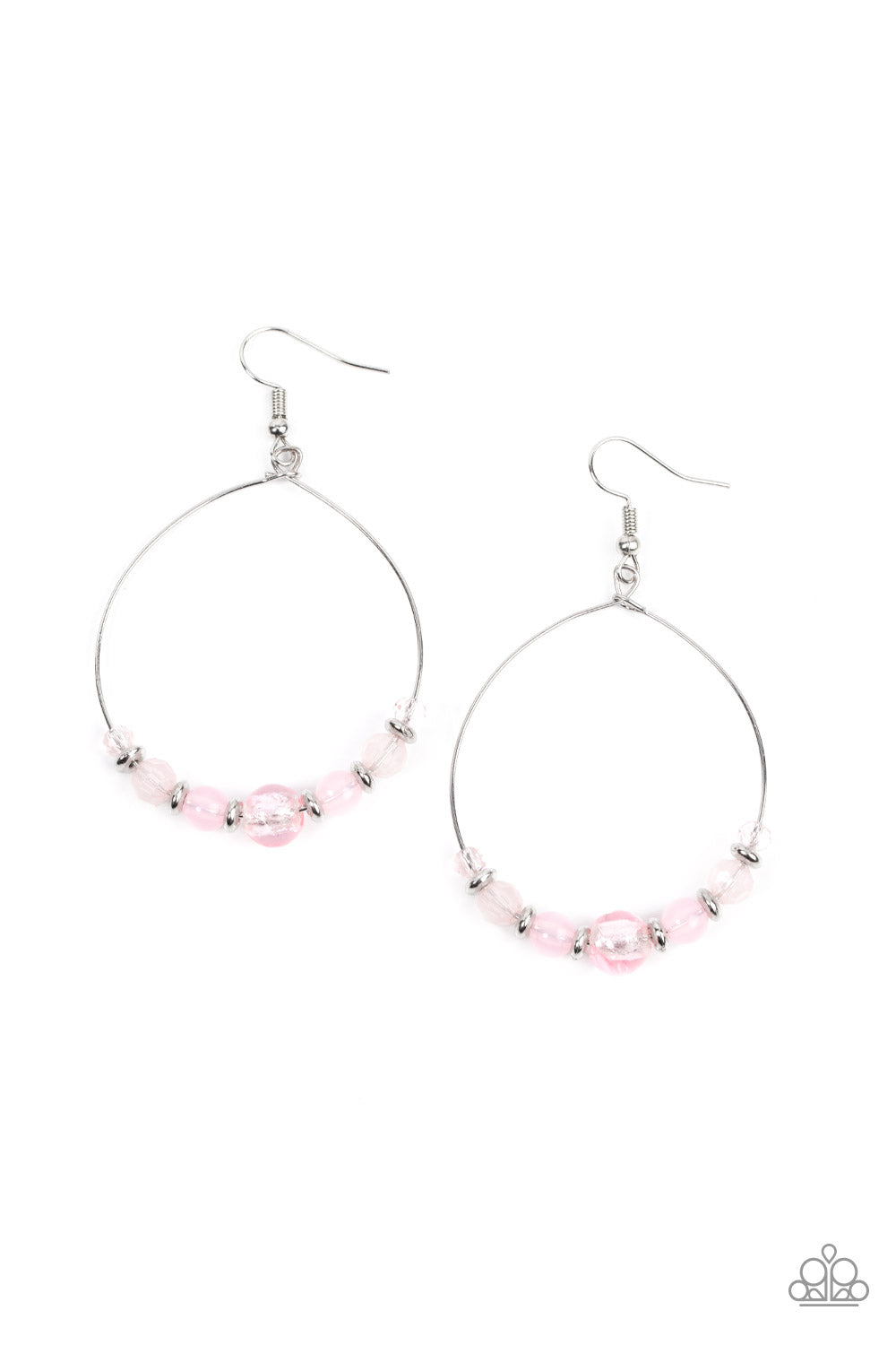 Ambient Afterglow Pink Earring - Paparazzi Accessories  Infused with dainty silver accents, opaque and glassy pink beads glide along a wire hoop for an ethereal pop of color. Earring attaches to a standard fishhook fitting.  Sold as one pair of earrings.