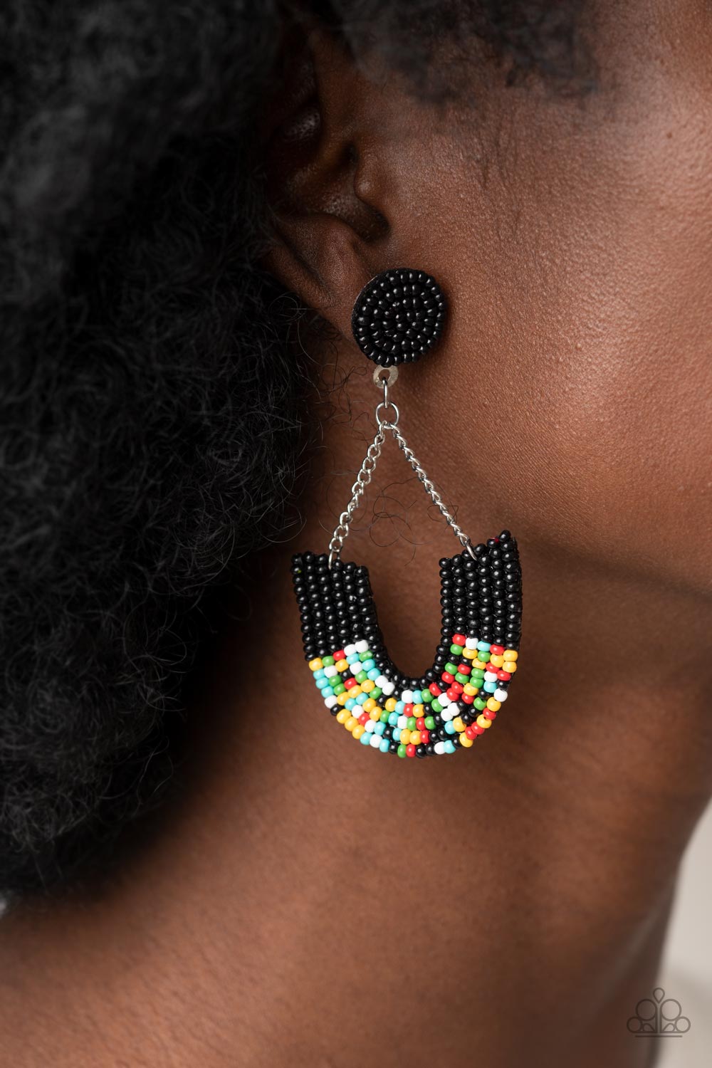Make it RAINBOW Black Earring - Paparazzi Accessories  Adorned in sections of black and multicolored seed beaded accents, a colorful rainbow swings from the bottom of shimmery silver chains that attach to a black seed beaded disc for a bohemian inspired fashion. Earring attaches to a standard post fitting.  Sold as one pair of post earrings.