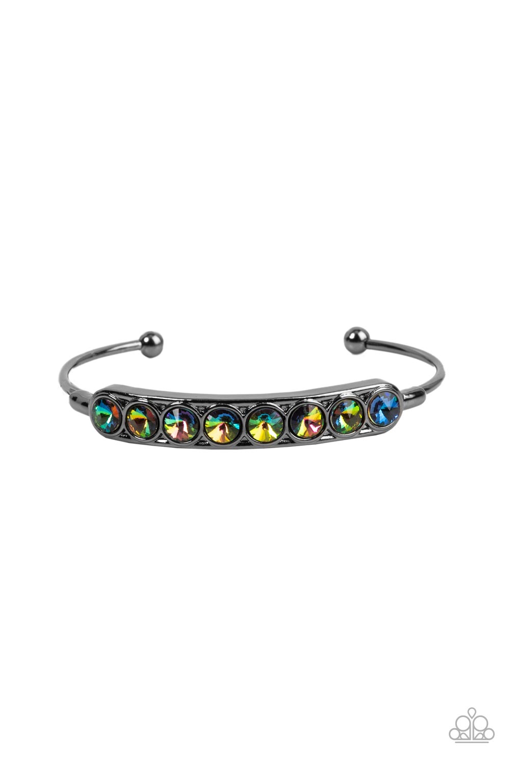 Vertigo Views Multi Cuff Bracelet - Paparazzi Accessories  A frame of oversized oil spill rhinestones is set atop a dainty gunmetal cuff featuring gunmetal beaded fittings, resulting in a stellar and stackable centerpiece.  Sold as one individual bracelet.