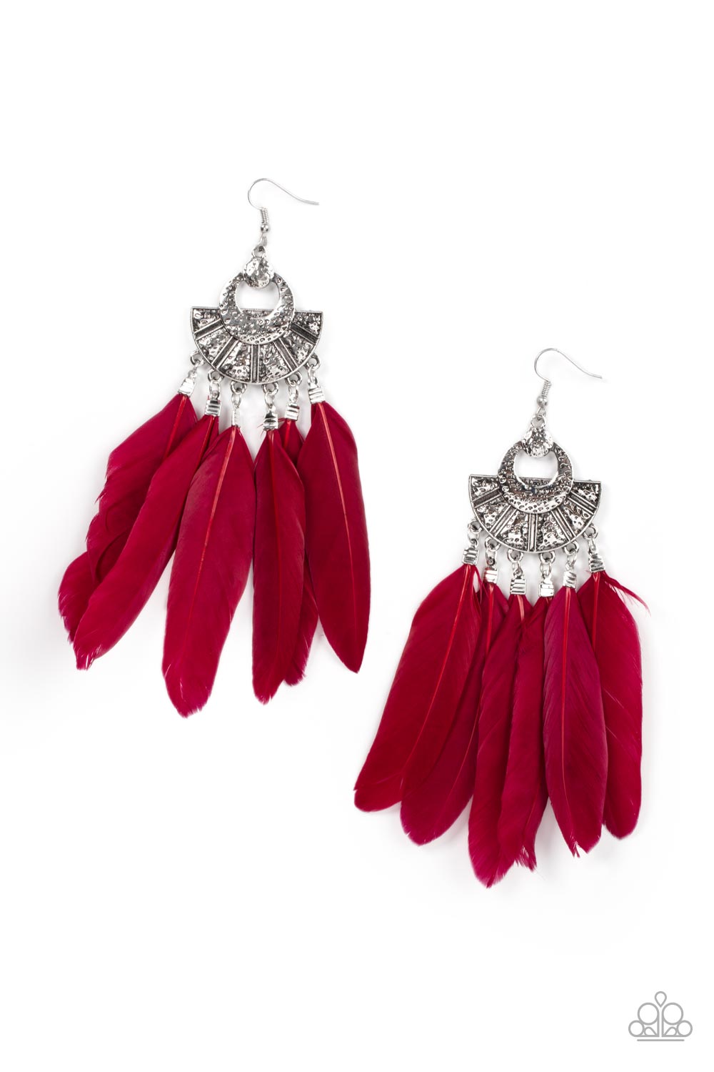 Plume Paradise Red Earring - Paparazzi Accessories  Oversized red feathers swing from the bottom of an ornately hammered and stacked silver frame, resulting in a flirtatiously colorful fringe. Earring attaches to a standard fishhook fitting.  Sold as one pair of earrings.