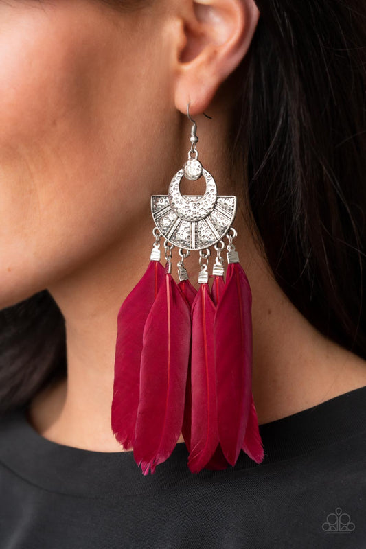Plume Paradise Red Earring - Paparazzi Accessories  Oversized red feathers swing from the bottom of an ornately hammered and stacked silver frame, resulting in a flirtatiously colorful fringe. Earring attaches to a standard fishhook fitting.  Sold as one pair of earrings.