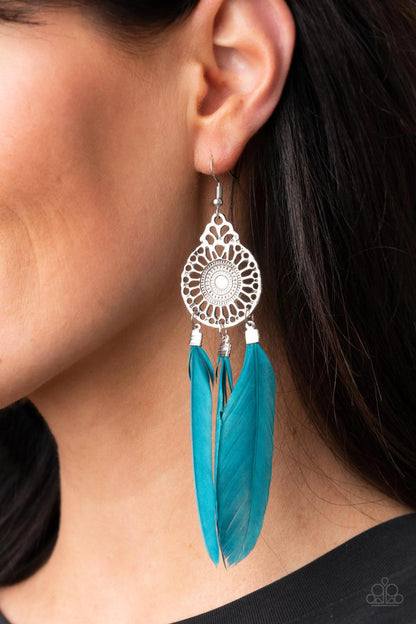 Pretty in PLUMES Blue Earring - Paparazzi Accessories  Three Mykonos Blue feathers swing from the bottom of a dizzying silver frame featuring airy filigree detail, resulting in a flirtatiously colorful fringe. Earring attaches to a standard fishhook fitting.  Sold as one pair of earrings.