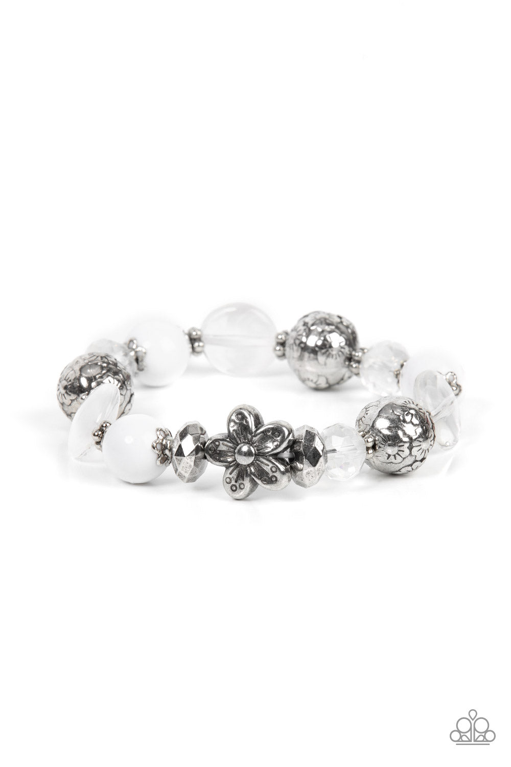Pretty Persuasion White Bracelet - Paparazzi Accessories  An enchanting assortment of silver floral beads and studded silver rings join an opaque, glassy, and iridescent assortment of white beads along a stretchy band around the wrist for a whimsical pop of color.  Sold as one individual bracelet.