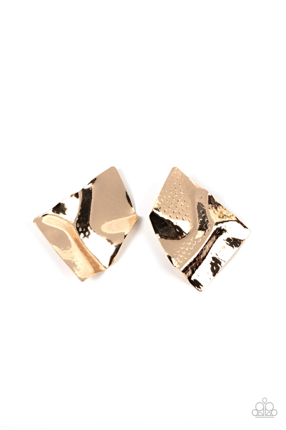 Modern Maverick Gold Post Earring - Paparazzi Accessories  An oversized gold plate is meticulously hammered in a geometric pattern as it ripples from the ear, resulting in a statement-making shimmer. Earring attaches to a standard post fitting.  Sold as one pair of post earrings.