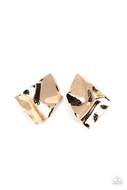 Modern Maverick Gold Post Earring - Paparazzi Accessories  An oversized gold plate is meticulously hammered in a geometric pattern as it ripples from the ear, resulting in a statement-making shimmer. Earring attaches to a standard post fitting.  Sold as one pair of post earrings.