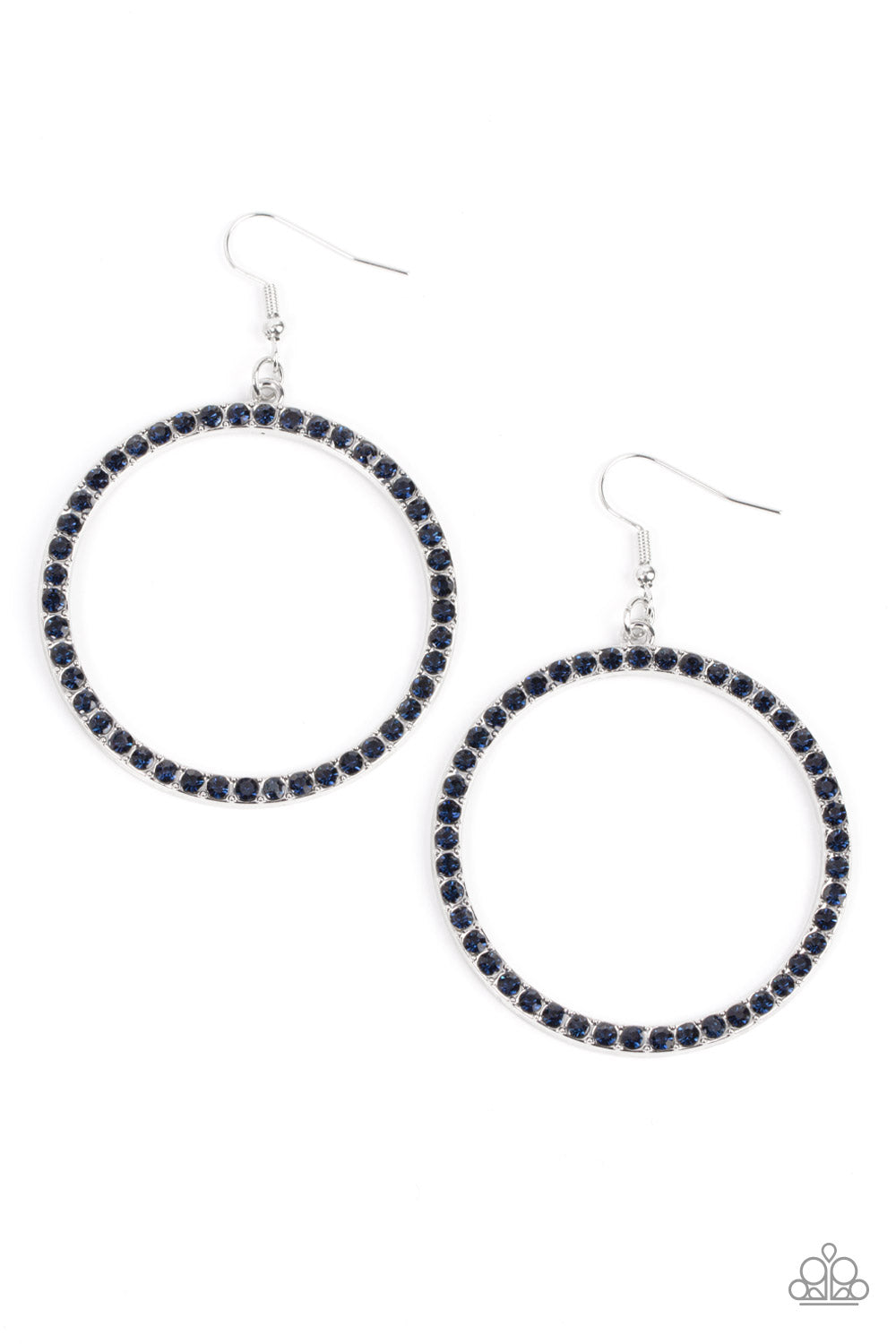 Head-Turning Halo Blue Earring - Paparazzi Accessories  The front of an oversized silver ring is encrusted in glitzy blue rhinestones, resulting in a head-turning hoop. Earring attaches to a standard fishhook fitting.  Sold as one pair of earrings.