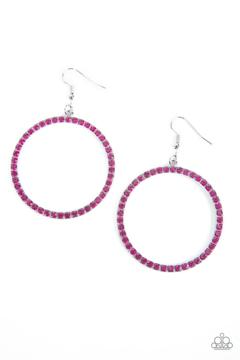 Head-Turning Halo Pink Earring - Paparazzi Accessories  The front of an oversized silver ring is encrusted in glitzy Fuchsia Fedora rhinestones, resulting in a head-turning hoop. Earring attaches to a standard fishhook fitting.  Sold as one pair of earrings.